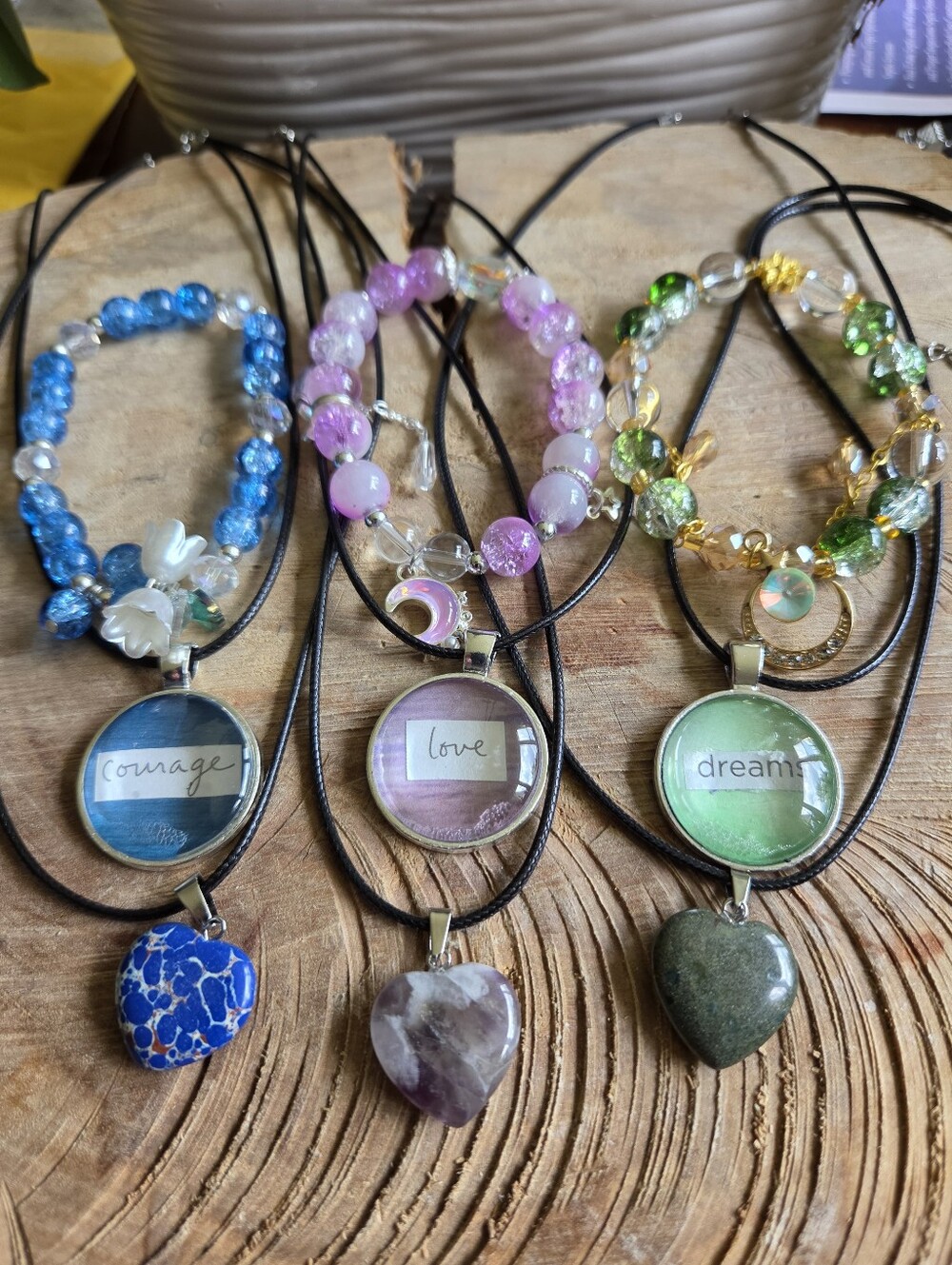 Handcrafted Set Of 9 Glass Beaded Bracelets, Heart Stones, Cabochon Necklaces.